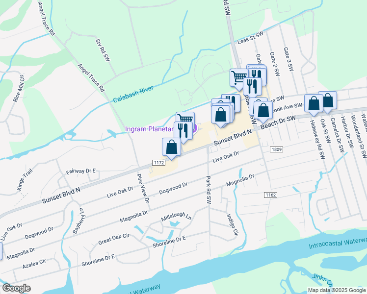 map of restaurants, bars, coffee shops, grocery stores, and more near in Sunset Beach
