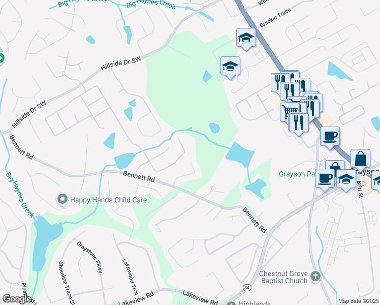 map of restaurants, bars, coffee shops, grocery stores, and more near 1615 Mount McKinley Drive in Grayson