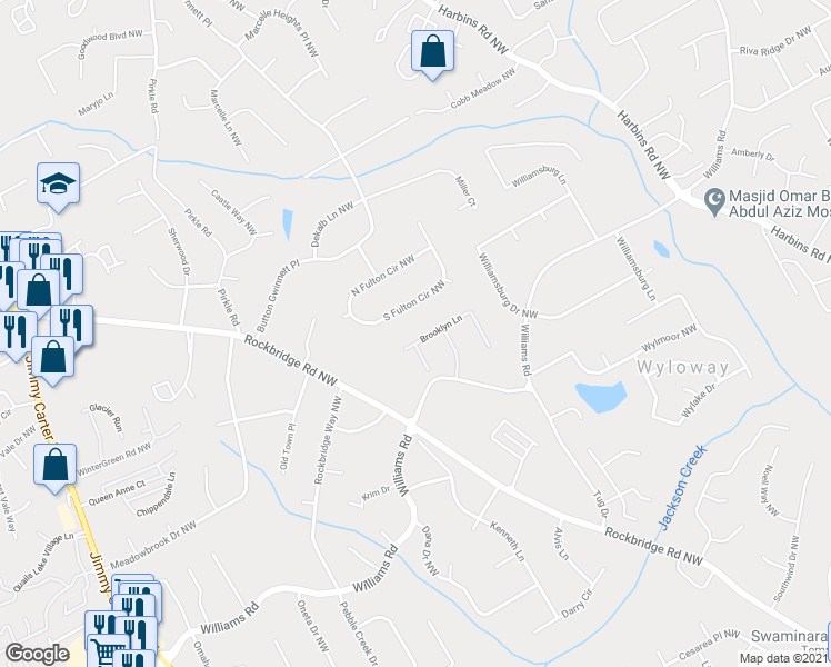 map of restaurants, bars, coffee shops, grocery stores, and more near 5787 Brooklyn Lane in Norcross