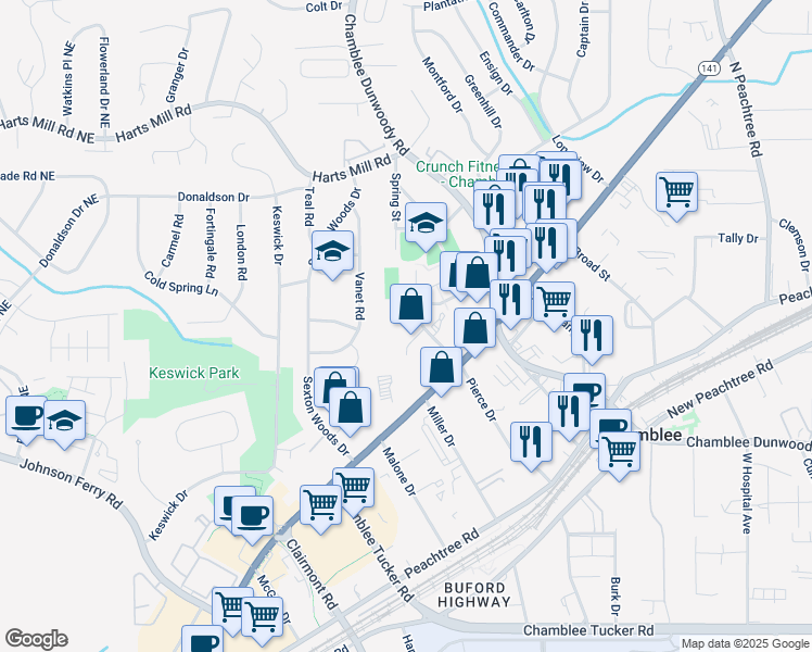map of restaurants, bars, coffee shops, grocery stores, and more near 3586 Pierce Drive in Atlanta