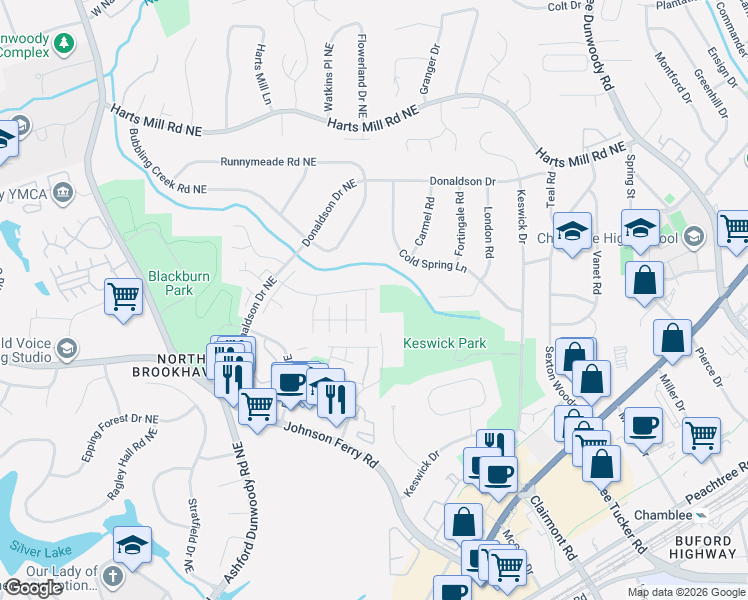 map of restaurants, bars, coffee shops, grocery stores, and more near 3631 Ashcroft Bend in Atlanta