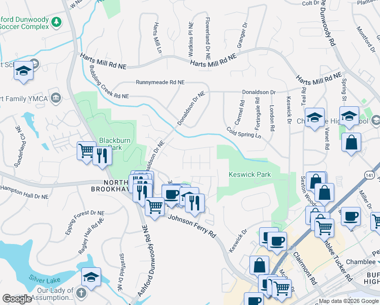 map of restaurants, bars, coffee shops, grocery stores, and more near 1637 Danbury Parc Place in Atlanta