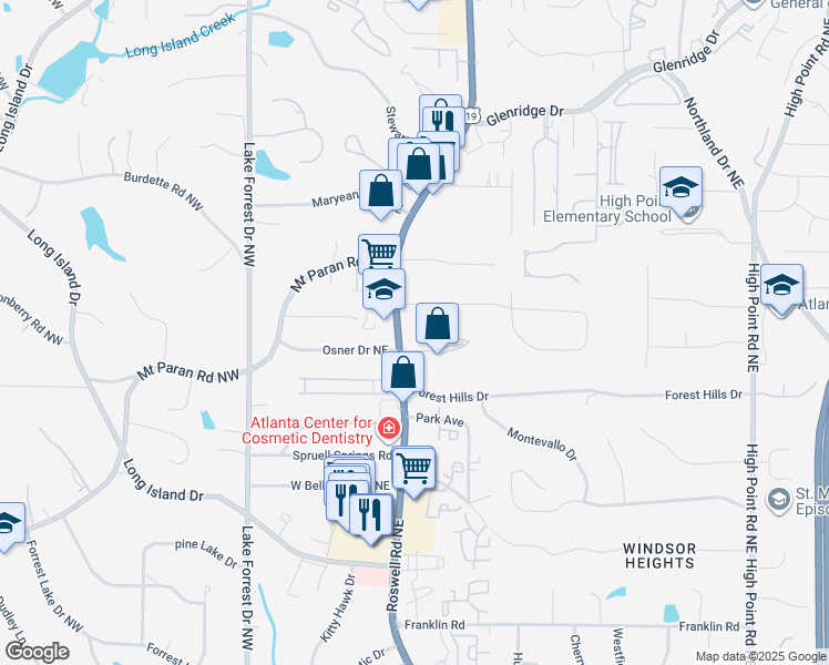 map of restaurants, bars, coffee shops, grocery stores, and more near 5153 U.S. 19 in Sandy Springs