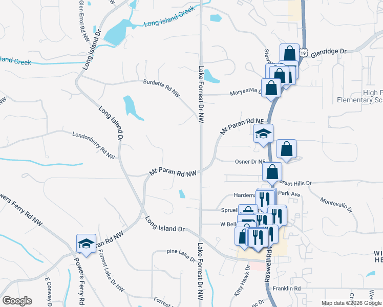 map of restaurants, bars, coffee shops, grocery stores, and more near 5158 Lake Forrest Drive Northwest in Sandy Springs
