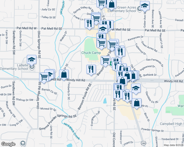 map of restaurants, bars, coffee shops, grocery stores, and more near 307 Benson Manor Circle in Smyrna