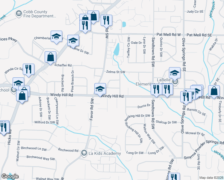 map of restaurants, bars, coffee shops, grocery stores, and more near 353 Patricia Avenue Southwest in Marietta