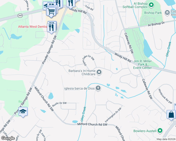 map of restaurants, bars, coffee shops, grocery stores, and more near 2385 Jack Creek Road Southwest in Marietta