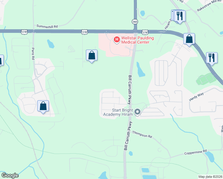 map of restaurants, bars, coffee shops, grocery stores, and more near 102 Darbys Run Court in Hiram