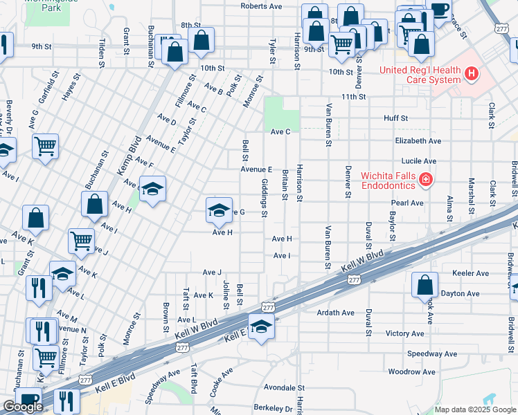 map of restaurants, bars, coffee shops, grocery stores, and more near 2120 Avenue G in Wichita Falls