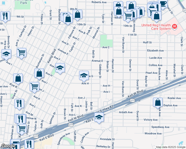 map of restaurants, bars, coffee shops, grocery stores, and more near 1611 Bell Street in Wichita Falls