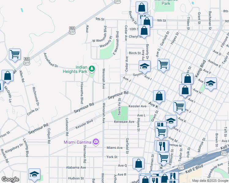 map of restaurants, bars, coffee shops, grocery stores, and more near 3220 Seymour Road in Wichita Falls