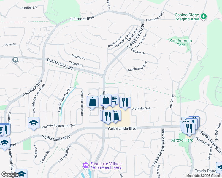 map of restaurants, bars, coffee shops, grocery stores, and more near 21470 Vía Espana in Yorba Linda