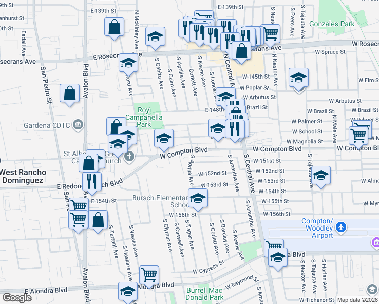 map of restaurants, bars, coffee shops, grocery stores, and more near 2514 West Compton Boulevard in Compton