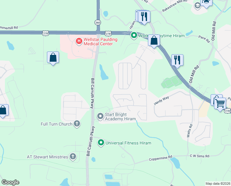 map of restaurants, bars, coffee shops, grocery stores, and more near 125 Greystone Circle in Hiram