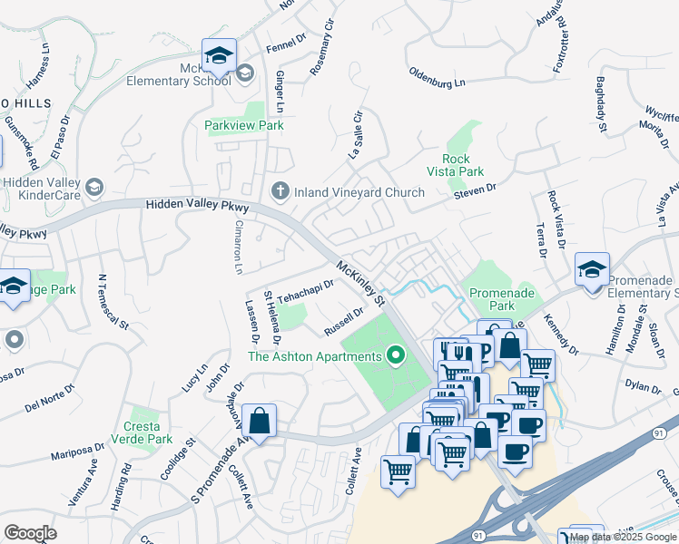 map of restaurants, bars, coffee shops, grocery stores, and more near 767 June Drive in Corona