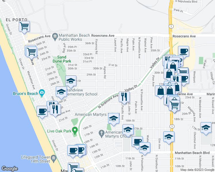 map of restaurants, bars, coffee shops, grocery stores, and more near 747 26th Street in Manhattan Beach