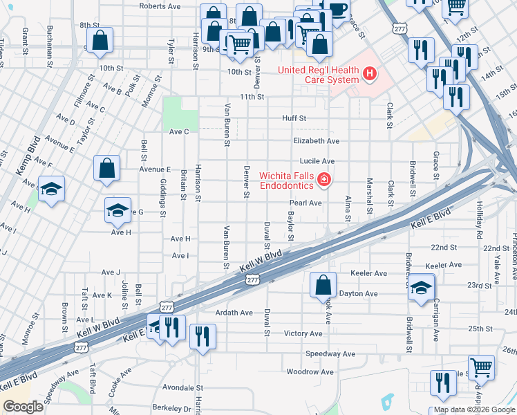 map of restaurants, bars, coffee shops, grocery stores, and more near 1821 Pearl Avenue in Wichita Falls