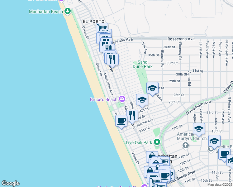 map of restaurants, bars, coffee shops, grocery stores, and more near 221 28th Place in Manhattan Beach