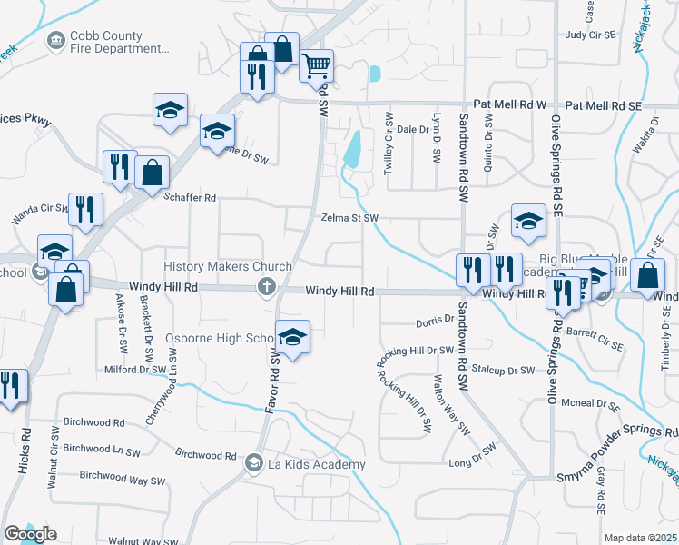 map of restaurants, bars, coffee shops, grocery stores, and more near 343 Patricia Avenue Southwest in Marietta