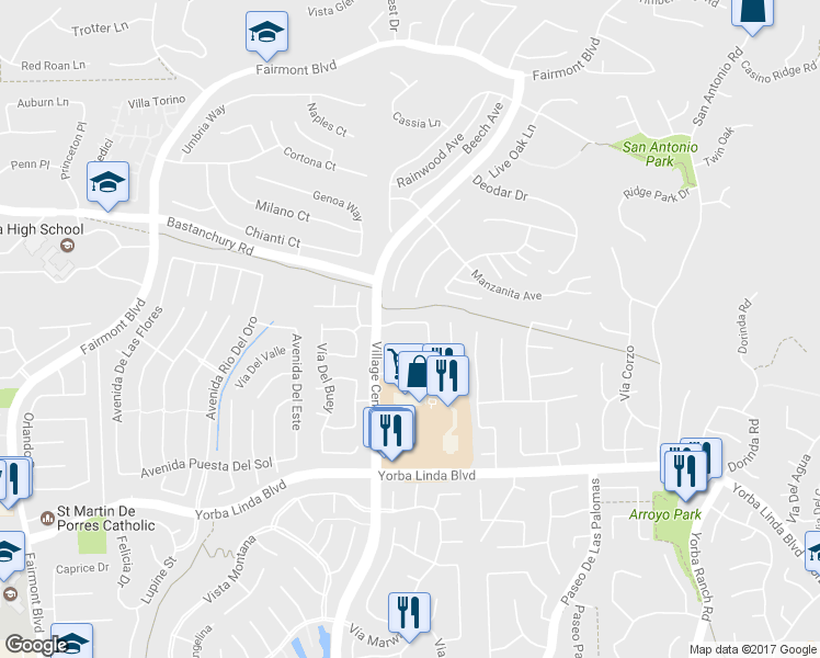map of restaurants, bars, coffee shops, grocery stores, and more near 21470 Vía Espana in Yorba Linda