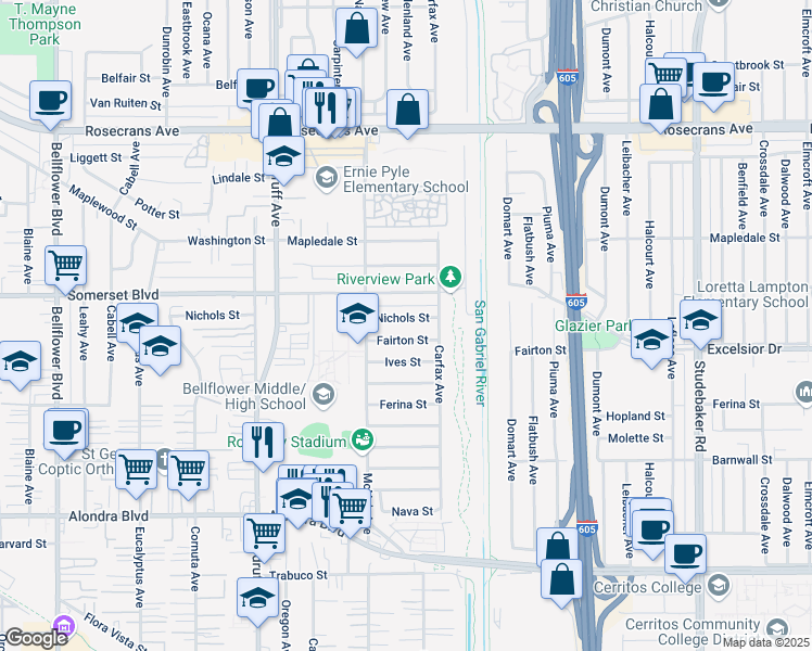map of restaurants, bars, coffee shops, grocery stores, and more near 10446 Nichols Street in Bellflower