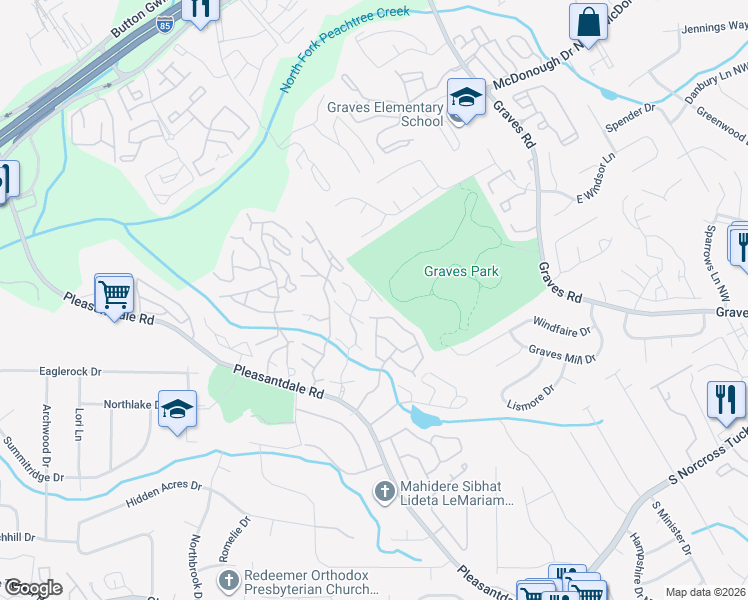 map of restaurants, bars, coffee shops, grocery stores, and more near 3559 Pleasantbrook Village Lane in Atlanta
