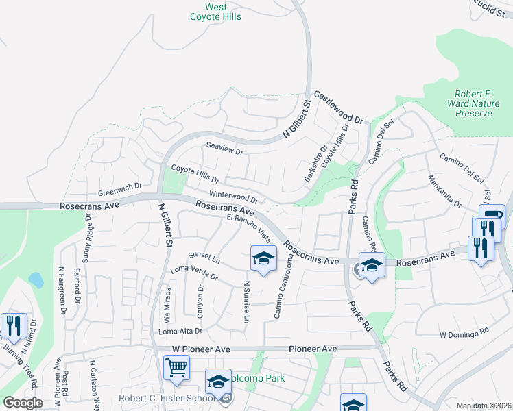 map of restaurants, bars, coffee shops, grocery stores, and more near 2024 Winterwood Drive in Fullerton