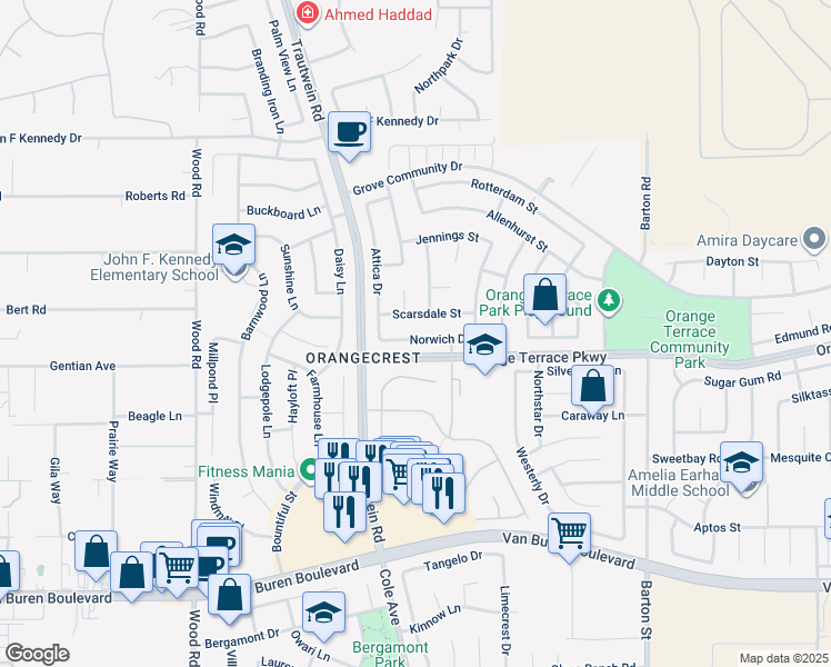 map of restaurants, bars, coffee shops, grocery stores, and more near 19398 Norwich Street in Riverside