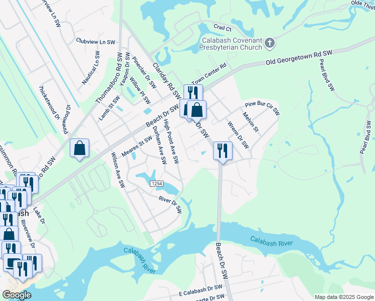 map of restaurants, bars, coffee shops, grocery stores, and more near 1066 Valley Drive in Calabash