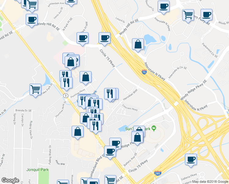 map of restaurants, bars, coffee shops, grocery stores, and more near 402 Coleraine Southeast in Smyrna