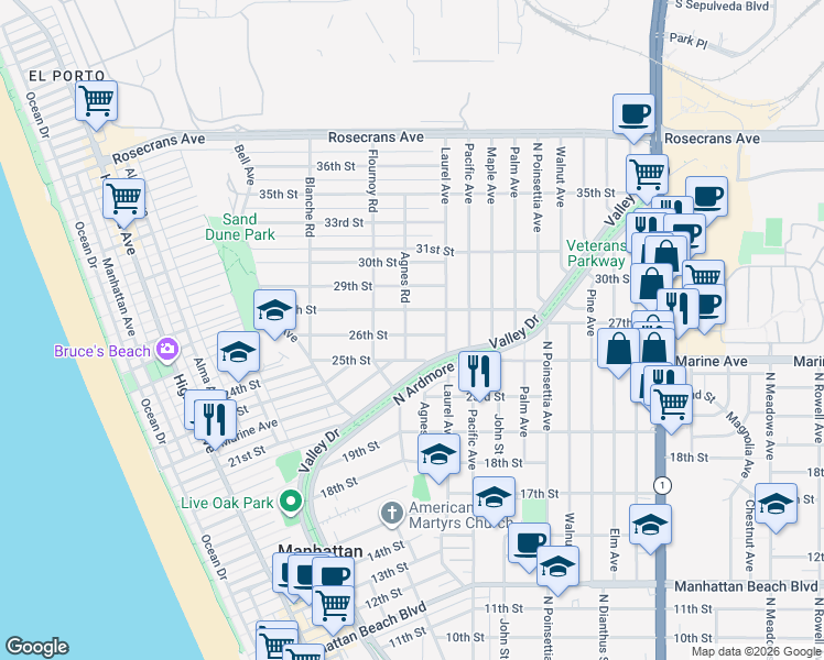 map of restaurants, bars, coffee shops, grocery stores, and more near 747 26th Street in Manhattan Beach