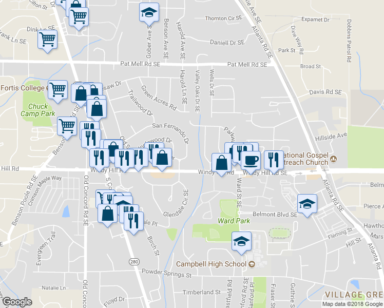 map of restaurants, bars, coffee shops, grocery stores, and more near 751 San Fernando Drive in Smyrna