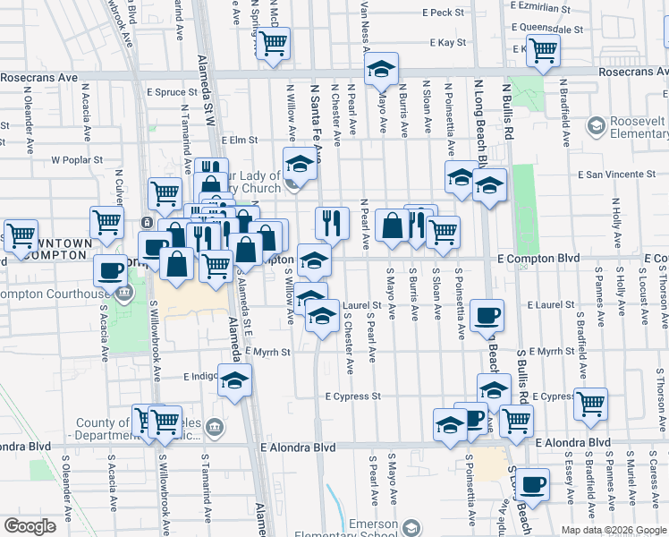 map of restaurants, bars, coffee shops, grocery stores, and more near 736 East Compton Boulevard in Compton