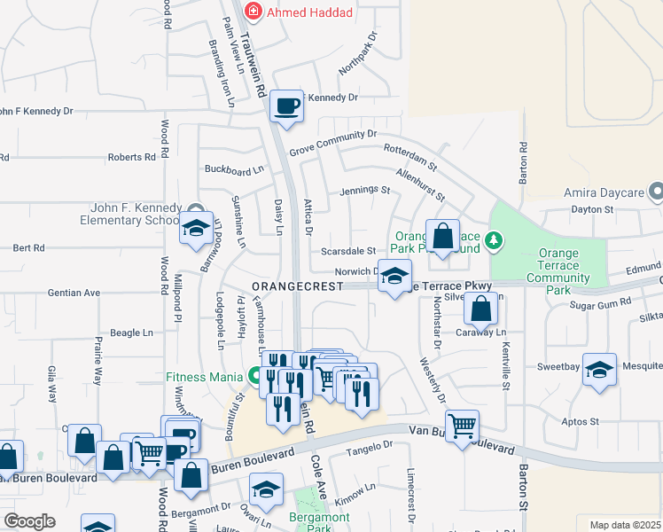 map of restaurants, bars, coffee shops, grocery stores, and more near 19382 Norwich Street in Riverside