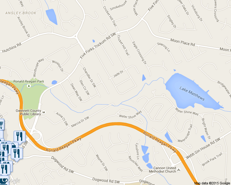 map of restaurants, bars, coffee shops, grocery stores, and more near 760 Emerald Forest Circle Southwest in Lawrenceville