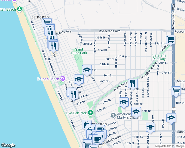 map of restaurants, bars, coffee shops, grocery stores, and more near 593 26th Street in Manhattan Beach