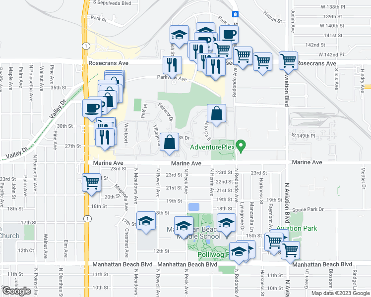 map of restaurants, bars, coffee shops, grocery stores, and more near 11 Nantucket Place in Manhattan Beach