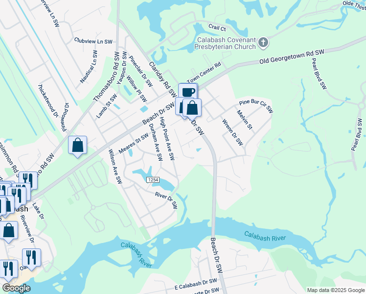 map of restaurants, bars, coffee shops, grocery stores, and more near 1066 Valley Drive in Calabash