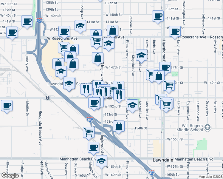 map of restaurants, bars, coffee shops, grocery stores, and more near 14927 Condon Avenue in Lawndale