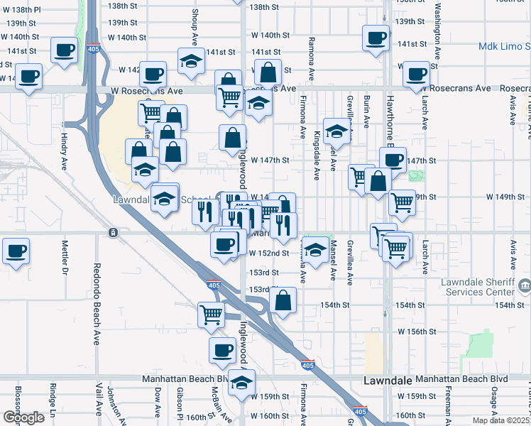 map of restaurants, bars, coffee shops, grocery stores, and more near 14927 Condon Avenue in Lawndale