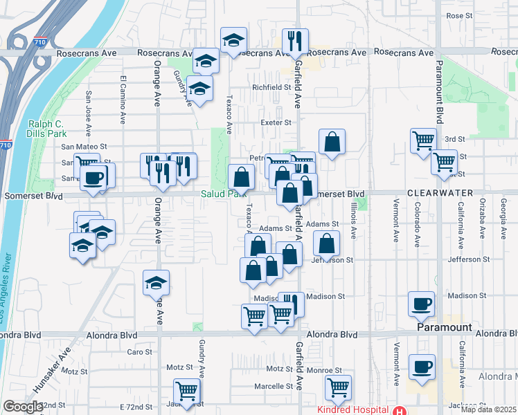 map of restaurants, bars, coffee shops, grocery stores, and more near 15250 Texaco Avenue in Paramount
