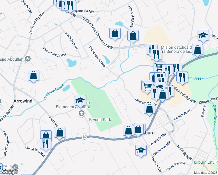 map of restaurants, bars, coffee shops, grocery stores, and more near 555 Holly Ridge Drive Northwest in Lilburn