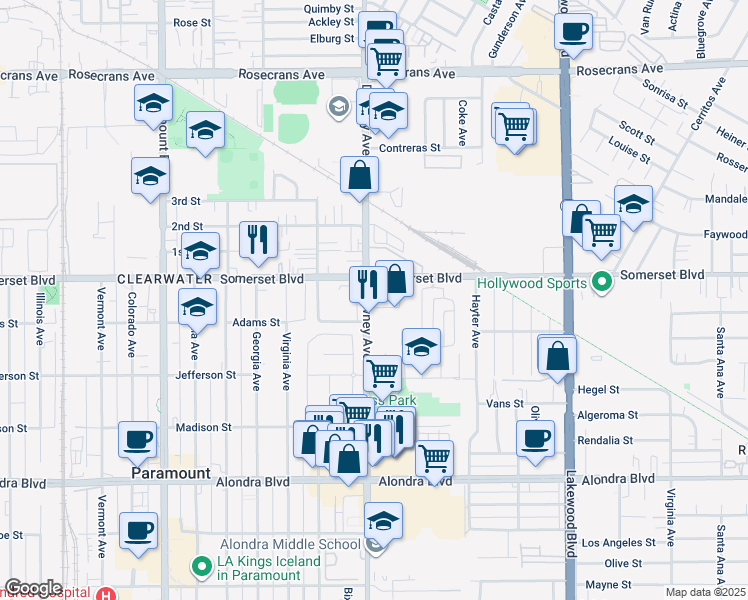 map of restaurants, bars, coffee shops, grocery stores, and more near 15128 Downey Avenue in Paramount