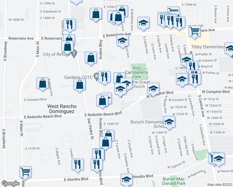 map of restaurants, bars, coffee shops, grocery stores, and more near 717 East Compton Boulevard in West Rancho Dominguez
