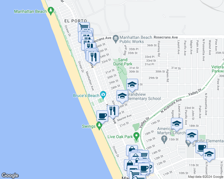 map of restaurants, bars, coffee shops, grocery stores, and more near 416 28th Street in Manhattan Beach