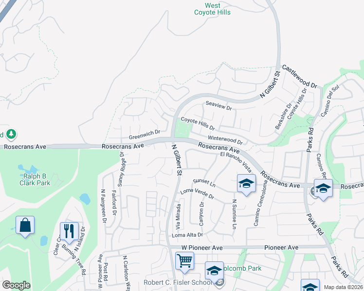 map of restaurants, bars, coffee shops, grocery stores, and more near 2250 Rosecrans Avenue in Fullerton