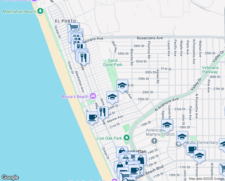 map of restaurants, bars, coffee shops, grocery stores, and more near 472 27th Street in Manhattan Beach
