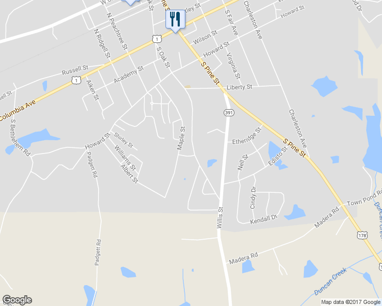 map of restaurants, bars, coffee shops, grocery stores, and more near 283 South Oak Street in Batesburg-Leesville