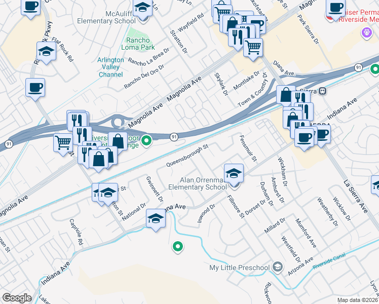 map of restaurants, bars, coffee shops, grocery stores, and more near 11517 Queensborough Street in Riverside