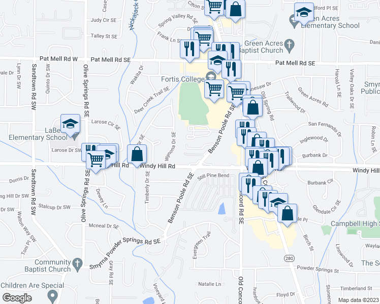 map of restaurants, bars, coffee shops, grocery stores, and more near 307 Benson Manor Circle in Smyrna